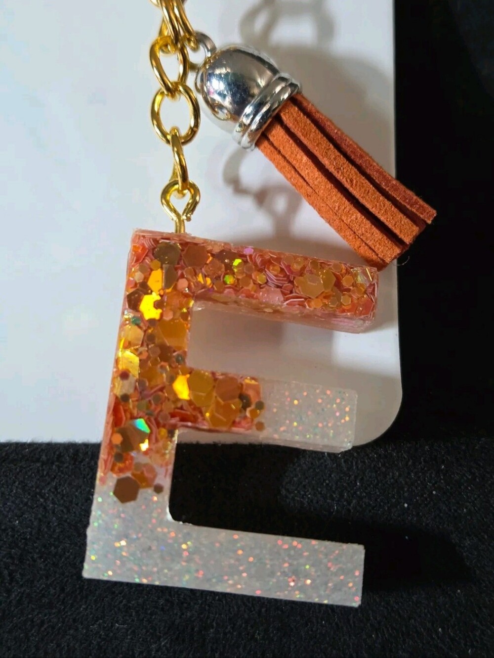 Personalized Glitter 'E' Resin Keychain with Orange Tassel